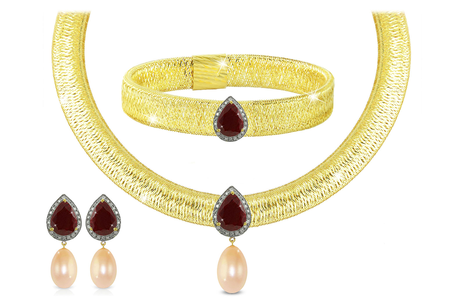 Vera Perla 18K Gold 0.48ct Diamonds, Ruby and 13mm Pink Pearl Jewelry Set - 3 pcs.